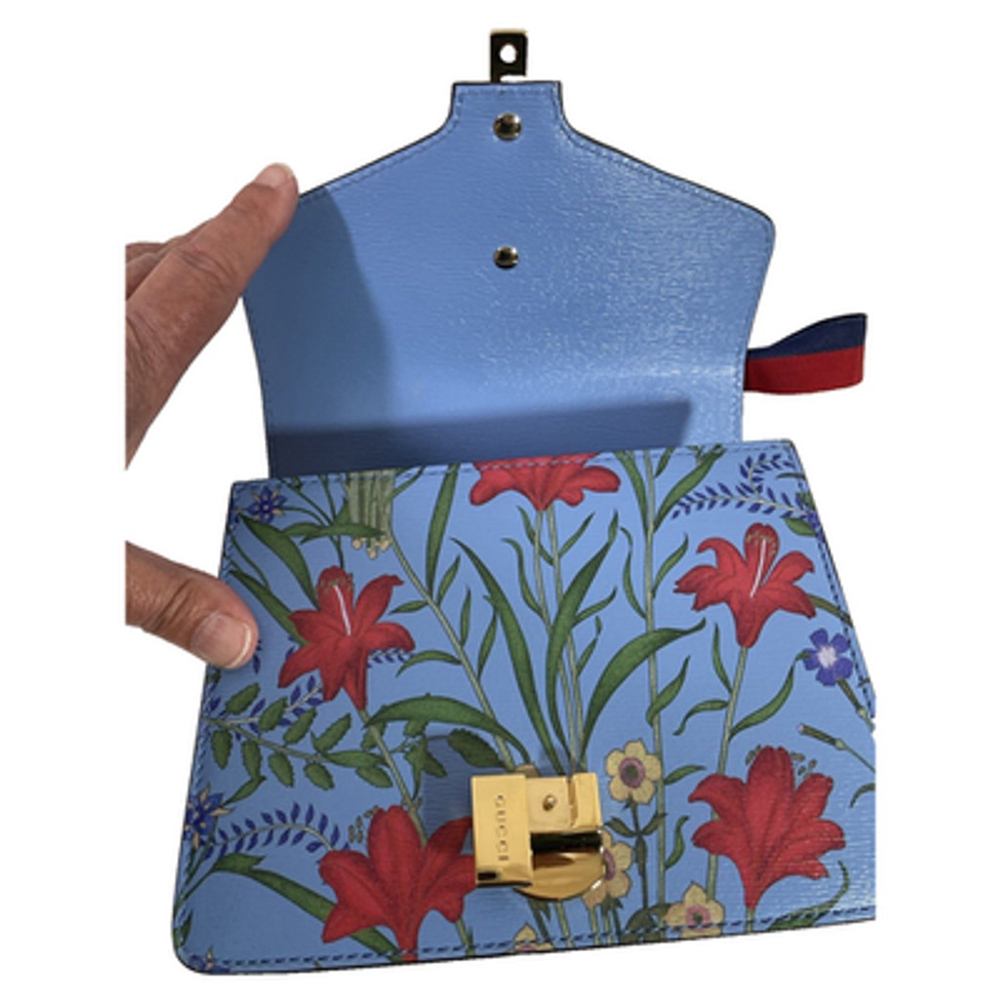 Gucci Sylvie Azure Blue Flora Chain Strap Leather Shoulder Bag #431666 L/N - Picture 10 of 14